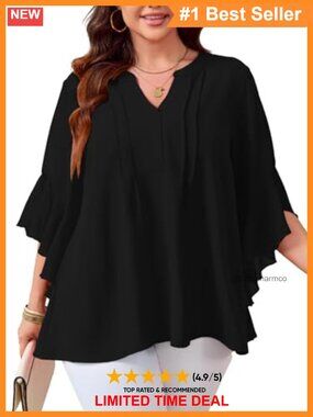 Plus Size Chiffon Blouse V-Neck Ruffle 3/4 Sleeve Dressy Casual Tunic Top